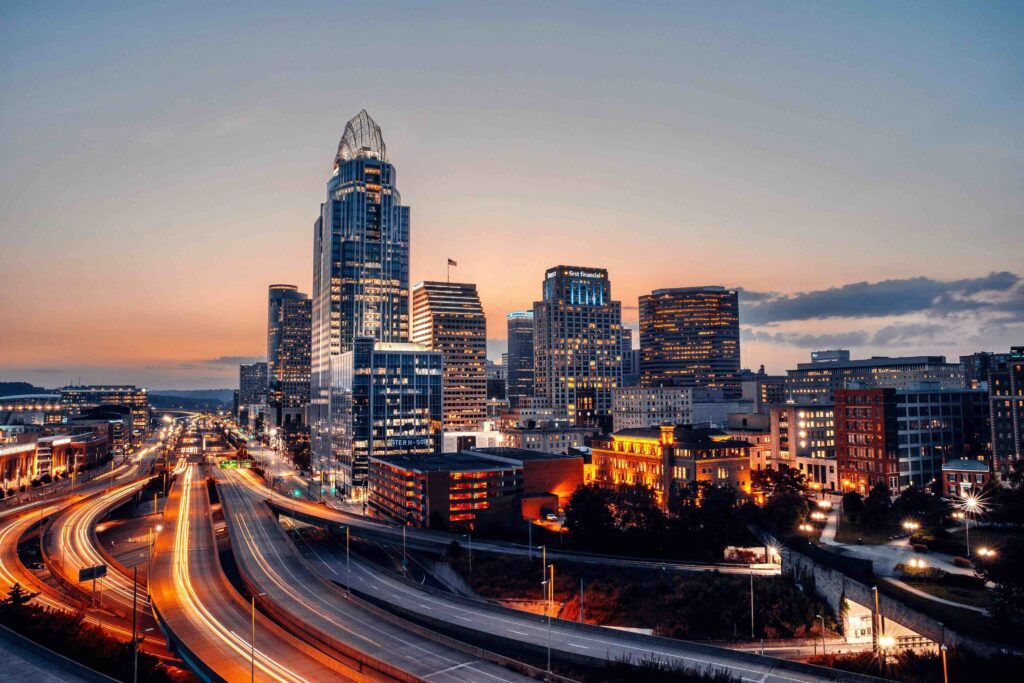 The Cincinnati skyline at dusk.