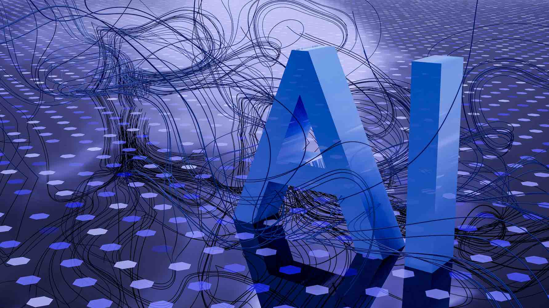 Blue block 3-D letters that spell AI.